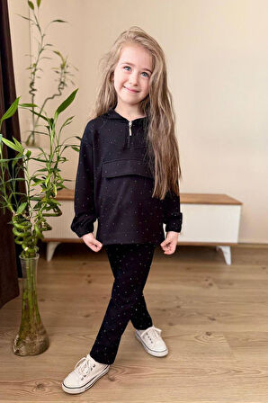 Miniğimin Cicileri Taş İşlemeli Kapüşonlu Kız Çocuk Takım - Siyah