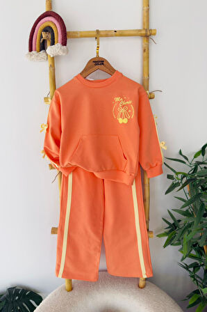 Miniğimin Cicileri Kiraz Baskılı Fiyonk Detaylı Kız Çocuk Takım - Turuncu