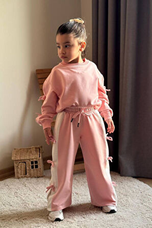 Miniğimin Cicileri Fiyonk Detaylı Şeritli Kız Çocuk Takım - Pembe