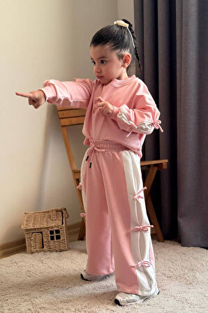 Miniğimin Cicileri Fiyonk Detaylı Şeritli Kız Çocuk Takım - Pembe