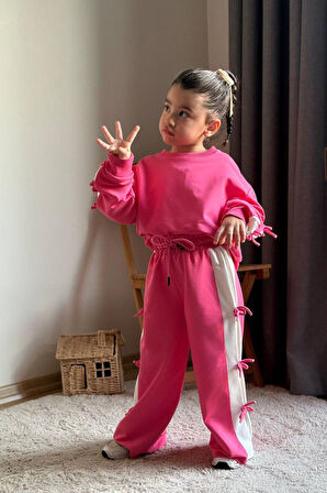 Miniğimin Cicileri Fiyonk Detaylı Şeritli Kız Çocuk Takım - Fuşya