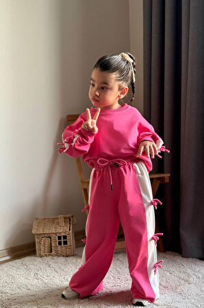 Miniğimin Cicileri Fiyonk Detaylı Şeritli Kız Çocuk Takım - Fuşya