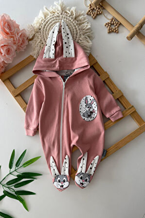 Miniğimin Cicileri Tavşan Detaylı unisex Bebek Penye Tulum - Pembe