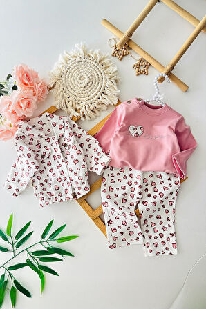 Miniğimin Cicileri Kalp Detaylı Gabardin Kız Çocuk Ceketli 3 lü Takım - Pembe