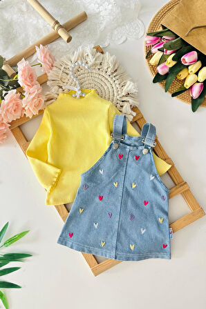 Miniğimin Cicileri Renkli Kalp Baskılı Kız Bebek Kot Jileli Takım - Sarı