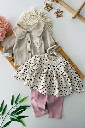 Miniğimin Cicileri Müslin Leopar Detaylı Gömlekli Kız Bebe 3 lü Takım - Gül Kurusu