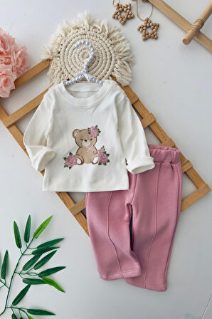 Miniğimin Cicileri Puantiye Desenli Kürklü Kız Bebe  3 lü Takım - Gül Kurusu