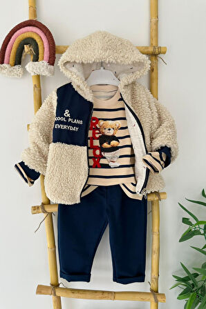 Miniğimin Cicileri Relax Ayıcık Baskılı Kuzu Montlu Erkek Bebe 3 lü Takım - Lacivert