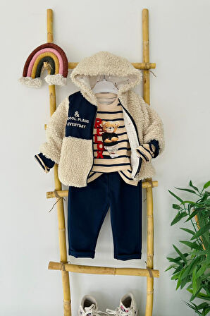 Miniğimin Cicileri Relax Ayıcık Baskılı Kuzu Montlu Erkek Bebe 3 lü Takım - Lacivert