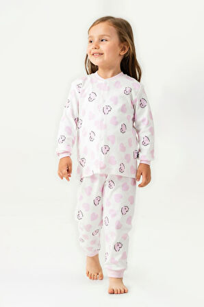 Miniğimin Cicileri Kalp Baskılı Pamuklu Kız Çocuk Çıtçıtlı Pijama Takımı - Pembe