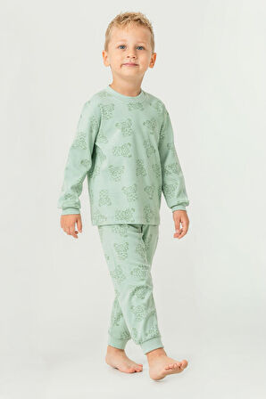 Miniğimin Cicileri Ayıcıl Baskılı Sıfır Yaka Pamuklu Erkek Çocuk Pijama Takımı - Yeşil