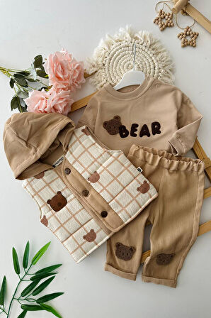 Miniğimin Cicileri Bear Panç Detaylı Şişme Yelekli Erkek Bebek 3 lü Takım - Kahve