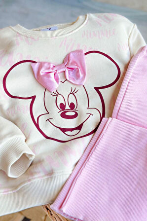 Miniğimin Cicileri Mnn Fiyonk Detaylı Geniş Paça Taytlı Kız Çocuk Takım - Açık Pembe