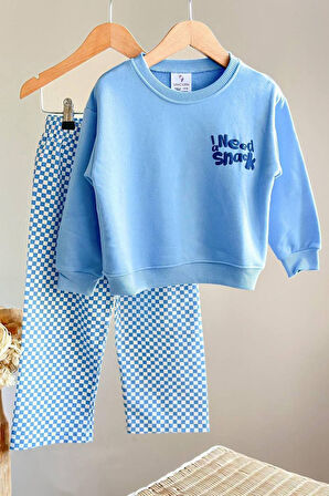 Miniğimin Cicileri İ Need Snaek Detaylı Kareli Unisex Çocuk Takım - Açık Mavi