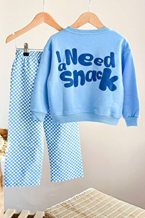 Miniğimin Cicileri İ Need Snaek Detaylı Kareli Unisex Çocuk Takım - Açık Mavi