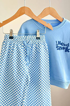 Miniğimin Cicileri İ Need Snaek Detaylı Kareli Unisex Çocuk Takım - Açık Mavi