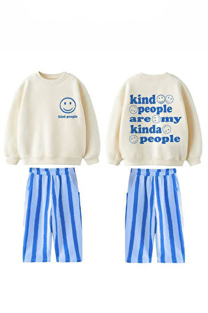 Miniğimin Cicileri Smile Detaylı Çizgili Unisex Çocuk Takım - Mavi