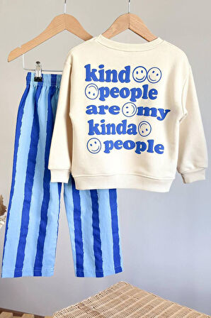 Miniğimin Cicileri Smile Detaylı Çizgili Unisex Çocuk Takım - Mavi