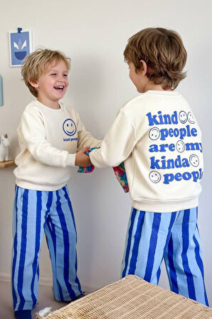 Miniğimin Cicileri Smile Detaylı Çizgili Unisex Çocuk Takım - Mavi