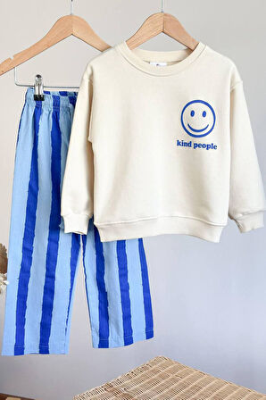 Miniğimin Cicileri Smile Detaylı Çizgili Unisex Çocuk Takım - Mavi