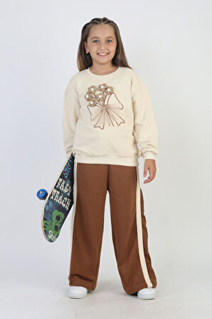 Miniğimin Cicileri Örgü Çiçek Desenli Kız Çocuk Bol Pantolonlu Takım - Kahve