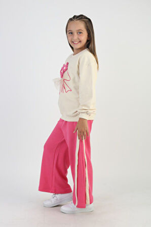 Miniğimin Cicileri Örgü Çiçek Desenli Kız Çocuk Bol Pantolonlu Takım - Fuşya