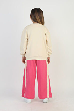 Miniğimin Cicileri Örgü Çiçek Desenli Kız Çocuk Bol Pantolonlu Takım - Fuşya