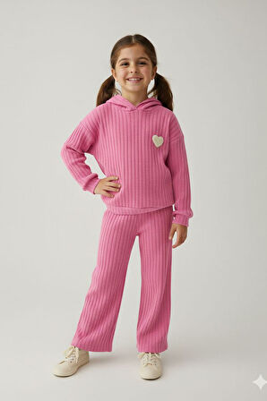 Miniğimin Cicileri Kalp Panç İşlemeli Fitilli Kız Çocuk Mevsimlik Takım - Pembe