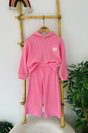 Miniğimin Cicileri Kalp Panç İşlemeli Fitilli Kız Çocuk Mevsimlik Takım - Pembe