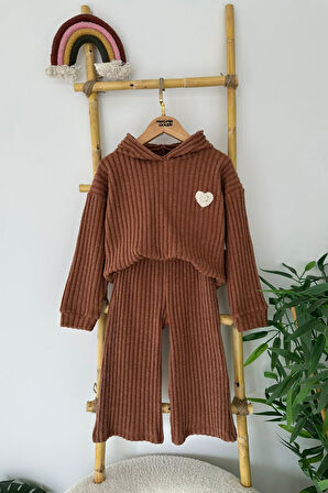Miniğimin Cicileri Kalp Panç İşlemeli Fitilli Kız Çocuk Mevsimlik Takım - Kahve
