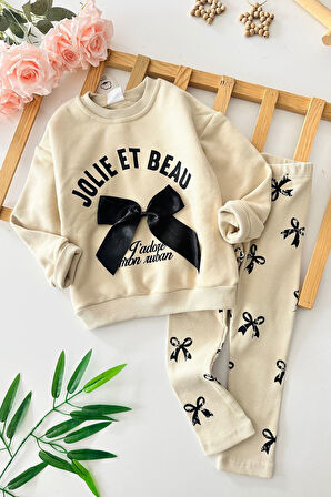 Miniğimin Cicileri Kurdela Fiyonk Detaylı Kız Çocuk Taytlı Takım - Bej