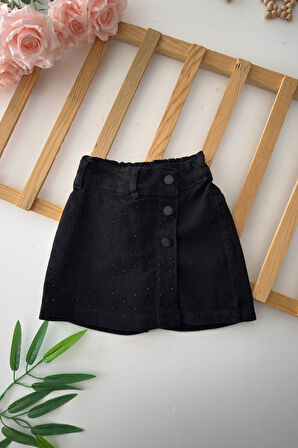 Miniğimin Cicileri Taşlı Kot Kız Çocuk Şort Etek - Siyah