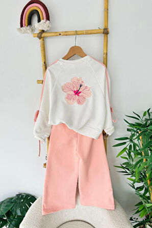 Miniğimin Cicileri Hibiskus Çiçek İşlemeli Fiyonk Detaylı Kız Çocuk Takım - Pembe