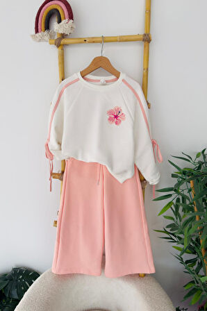 Miniğimin Cicileri Hibiskus Çiçek İşlemeli Fiyonk Detaylı Kız Çocuk Takım - Pembe