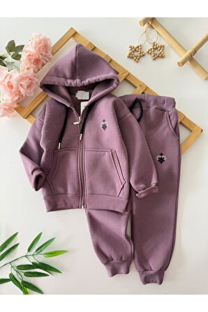 Miniğimin Cicileri Kapüşonlu Çiçek İşleme Taş Detaylı Kız Çocuk Takım - Mor