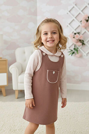 Miniğimin Cicileri Çilek Düğme Detaylı Kazayağı Desenli 2 li Jileli Takım - Gül Kurusu