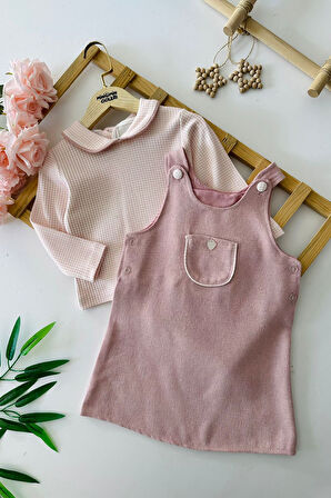 Miniğimin Cicileri Çilek Düğme Detaylı Kazayağı Desenli 2 li Jileli Takım - Açık Pembe