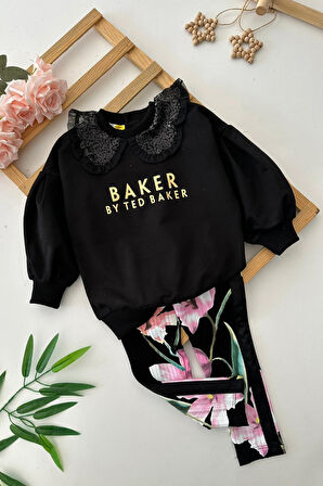 Miniğimin Cicileri Baker Yaldız Baskılı Çiçek Tayt Detaylı Kız Çocuk 2 li Takım - Sşyah