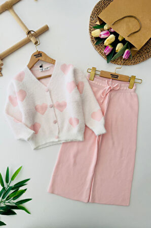 Miniğimin Cicileri Yumoş Kalp Desenli Kız Çocuk Hırkalı Triko Takım - Pembe