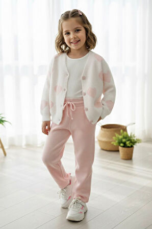 Miniğimin Cicileri Yumoş Kalp Desenli Kız Çocuk Hırkalı Triko Takım - Pembe
