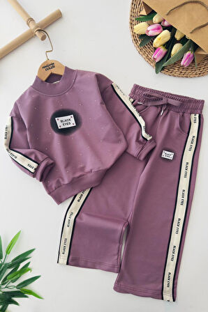 Miniğimin Cicileri Black Eyes Baskılı Taşlı Kız Çocuk 2 li Takım - Mor