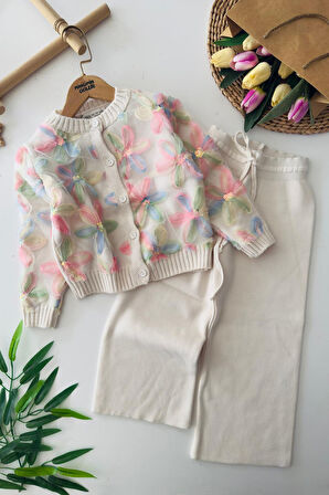 Miniğimin Cicileri Zambak Tüm Detaylı Triko Kız Çocuk 2 li Takım - Krem