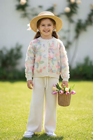 Miniğimin Cicileri Zambak Tüm Detaylı Triko Kız Çocuk 2 li Takım - Krem