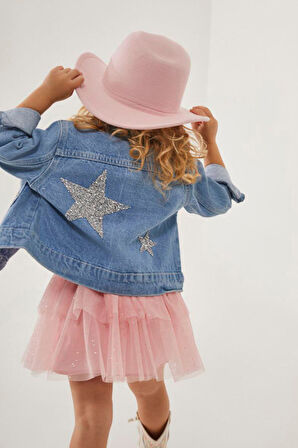 Miniğimin Cicileri Simli Yıldız Detaylı Kot Ceketli Tütü Etekli Kız Çocuk Takım  - Pudra