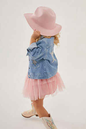 Miniğimin Cicileri Simli Yıldız Detaylı Kot Ceketli Tütü Etekli Kız Çocuk Takım  - Pudra