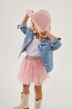 Miniğimin Cicileri Simli Yıldız Detaylı Kot Ceketli Tütü Etekli Kız Çocuk Takım  - Pudra