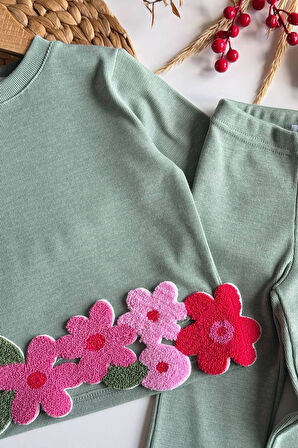 Miniğimin Cicileri Papatya Panç İşleme Detaylı Kız Çocuk 2 li Takım - Yeşil