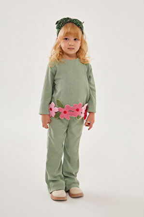 Miniğimin Cicileri Papatya Panç İşleme Detaylı Kız Çocuk 2 li Takım - Yeşil