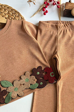 Miniğimin Cicileri Papatya Panç İşleme Detaylı Kız Çocuk 2 li Takım - Kahverengi