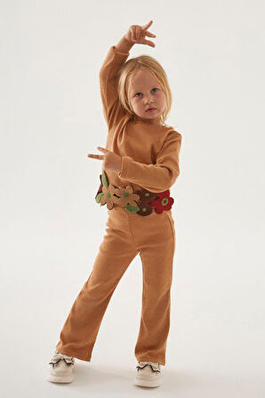 Miniğimin Cicileri Papatya Panç İşleme Detaylı Kız Çocuk 2 li Takım - Kahverengi